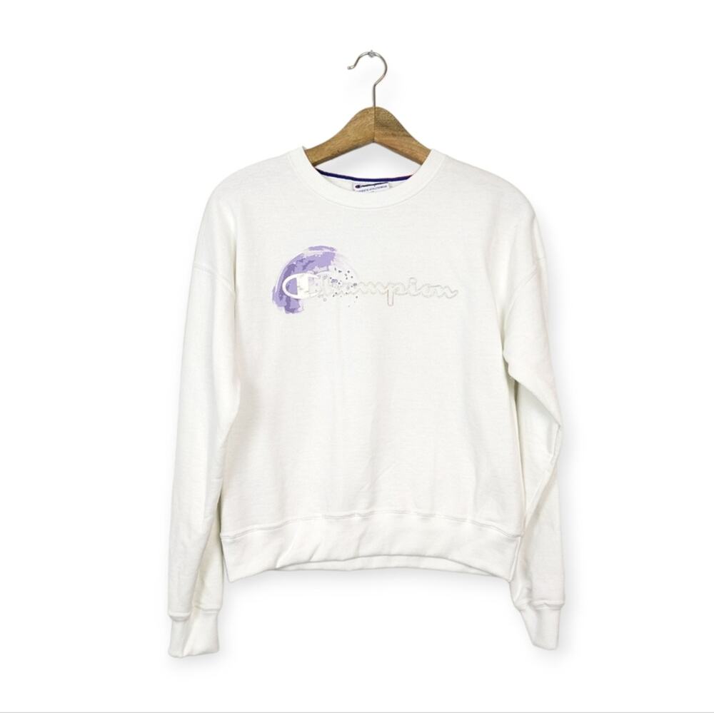Champion Crewneck Sweatshirt XS White Logo Powerblend Relaxed Athletic